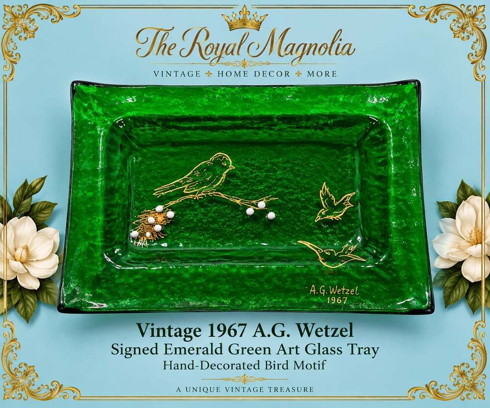 Vintage 1967 A.G. Wetzel Signed Emerald Green Art Glass Tray